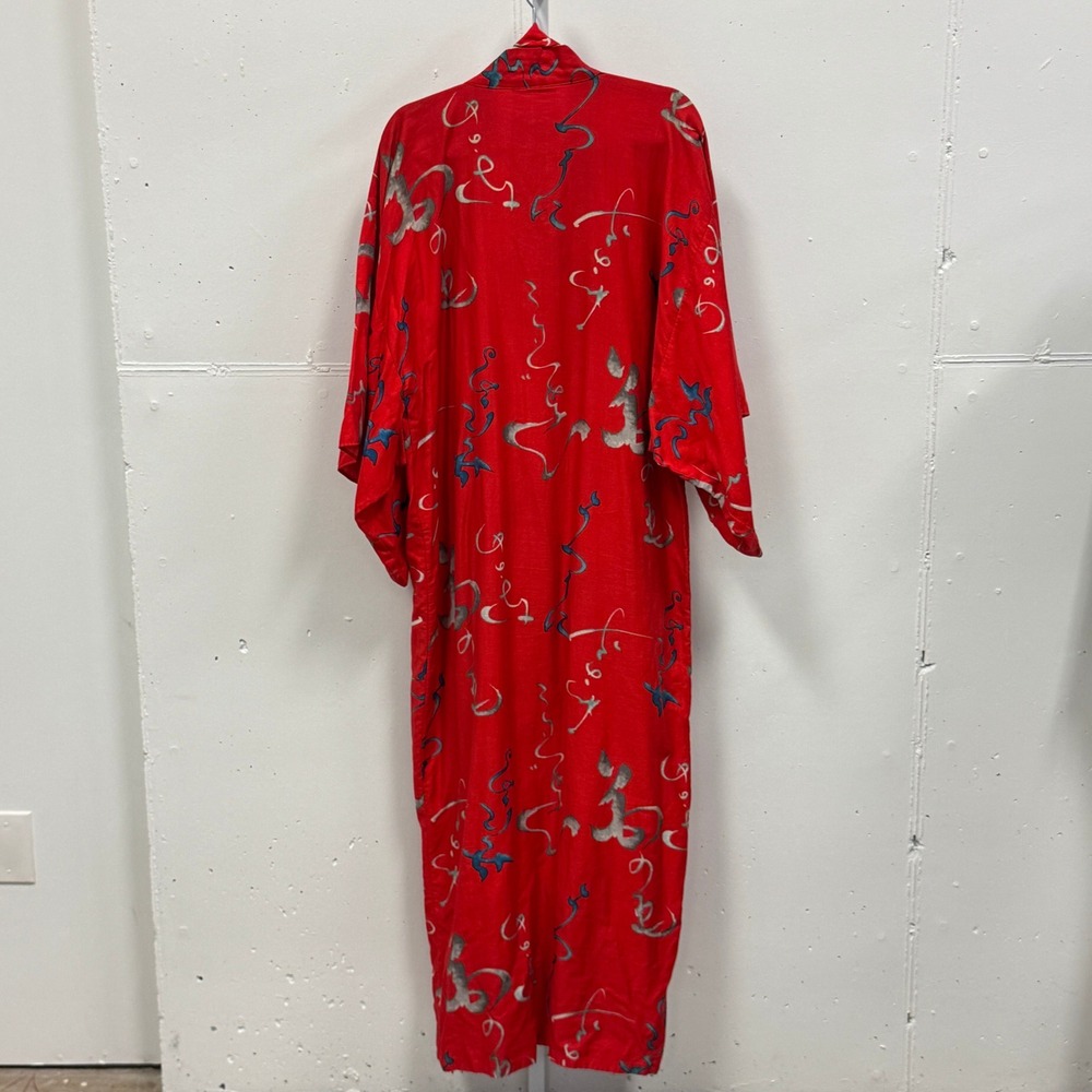 Vintage Gypsy Pier 1 Red Cotton Kimono Robe Japan Calligraphy Print OSFM Maxi - Picture 2 of 8
